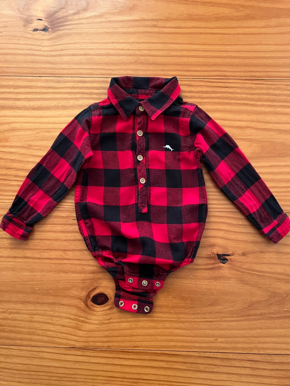 Tommy Bahama Baby Buffalo Check Plaid Button-Front Bodysuit in Red and Black 24M